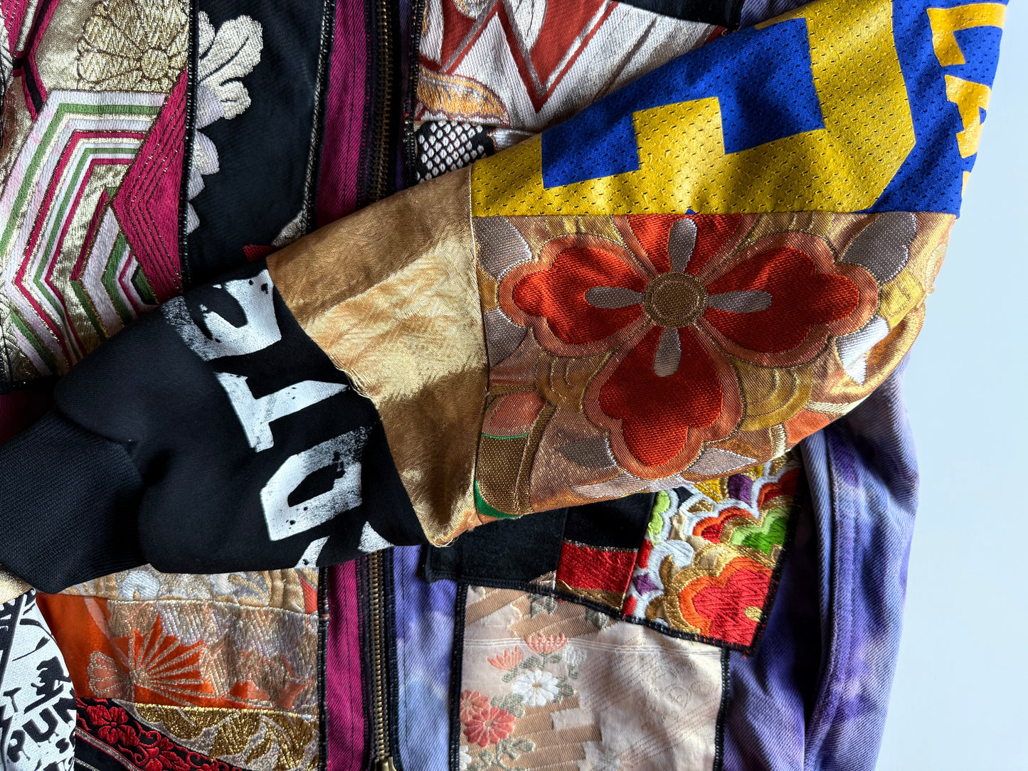 COTÉ MER Kimono Obi Patchwork Denim Remake Upcycled Jacket L XL Japanese One of One Harajuku Streetwear Wearable Art