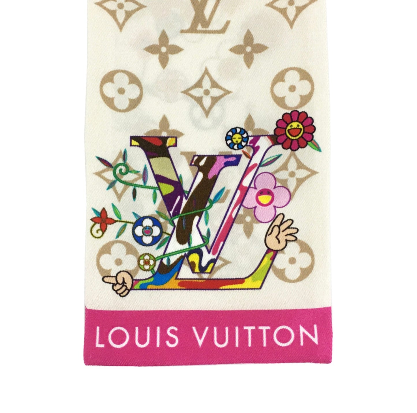 Louis Vuitton × Takashi Murakami Bandeau Superflat M96165 Silk Scarf LV Monogram Flower Slim Twilly White Pink