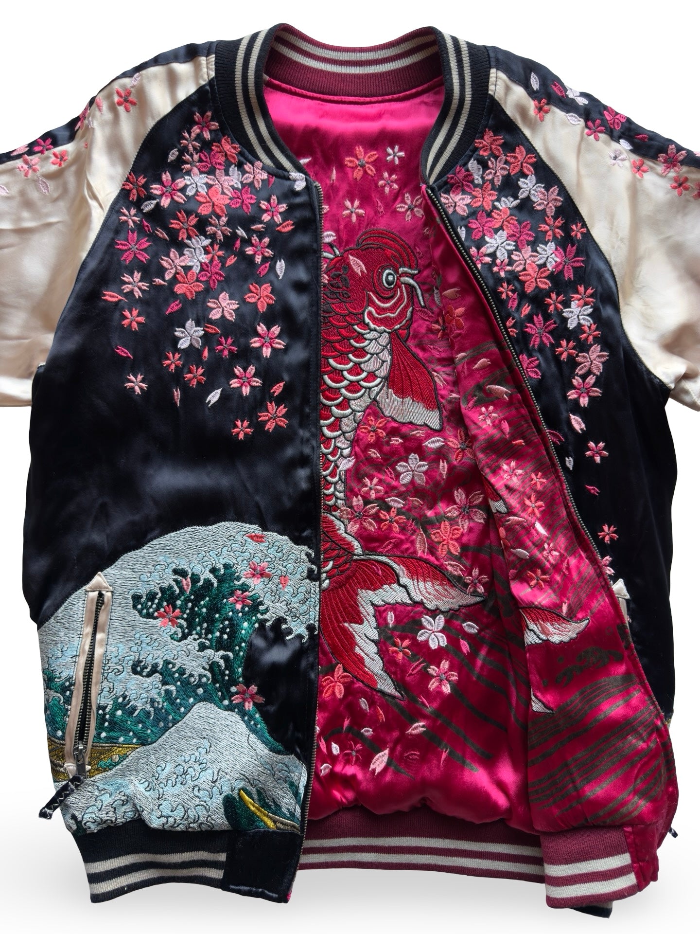 Miyabi Musubi Reversible Sukajan – Rising Koi & Hokusai Great Wave, Sakura Storm Embroidery, Japonisme Japanese Souvenir Jacket