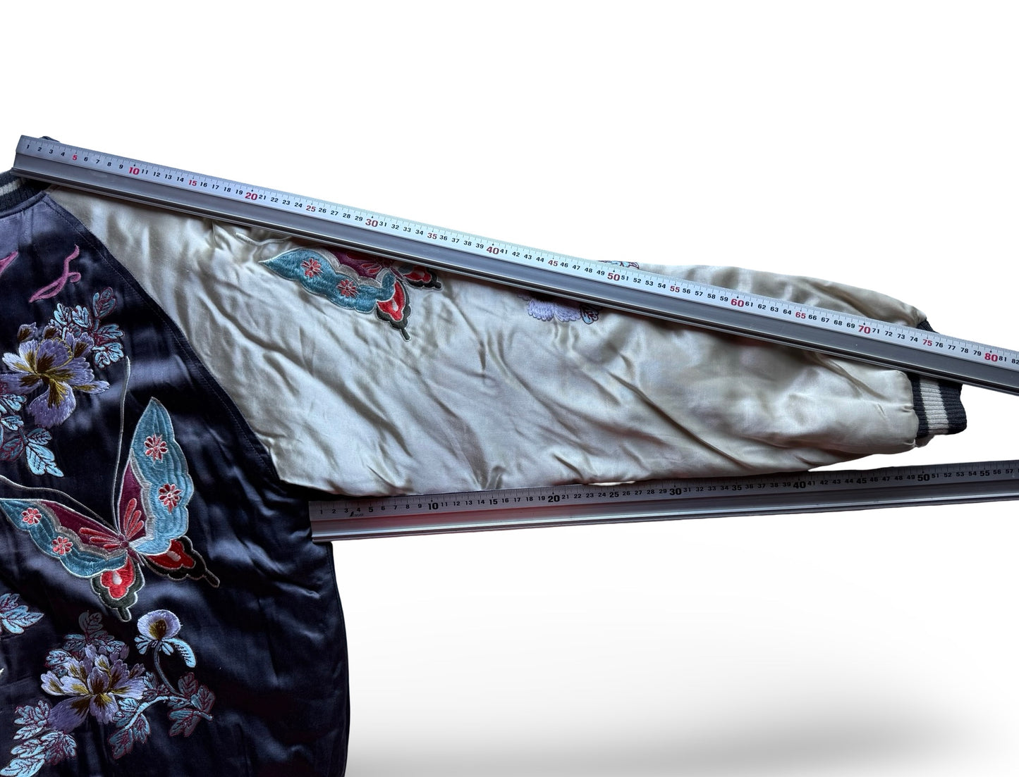 Reversible Japanese Sukajan Jacket – Butterfly & Floral Embroidery / Crane & Pine Quilted Design – Vintage Yokosuka Souvenir Jacket