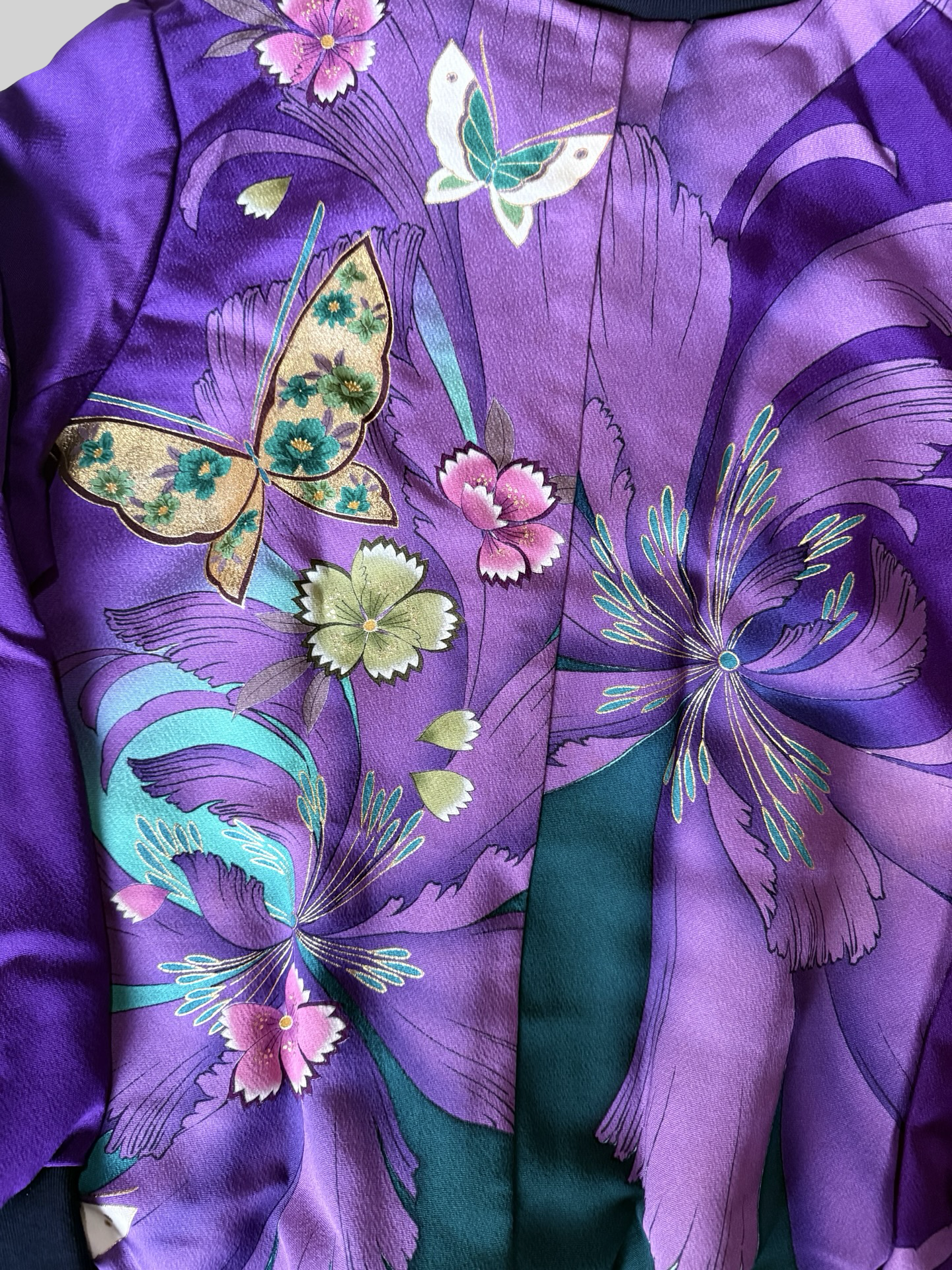 Kimono Remake Silk Bomber Jacket Purple Floral Butterfly Sukajan Japanese Upcycled Textile Art Piece