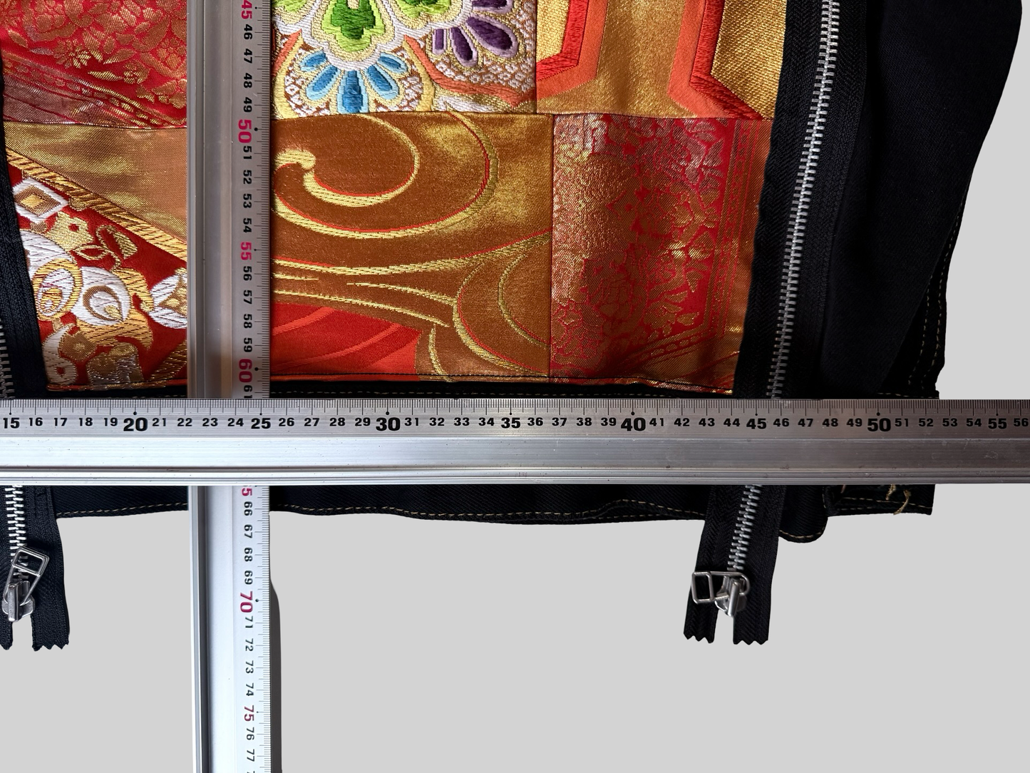 COTE MER Kimono Obi Remake Denim Jacket Silk Brocade Patchwork Japanese Upcycled Designer Jacket L XL