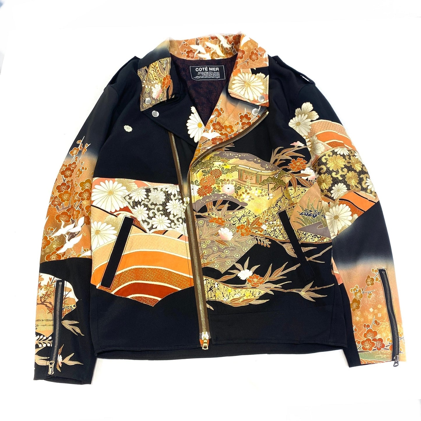 Bespoke Hypebeast Japanese Remake Vintage Handmade Custom One and Only One Cote Mer Wagara Upcycle Sustainable Street Fashion Embroidered Embroidery Kimono Obi Boro x Leather Riders Blouson Jacket ( Size : XL )