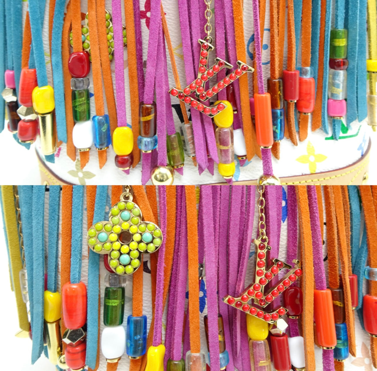 Louis Vuitton 2006 Limited Edition Bucket Fringe M40109 White Multicolor Tote + Pouch Set | Rare Monogram Vernis Fringe Bag