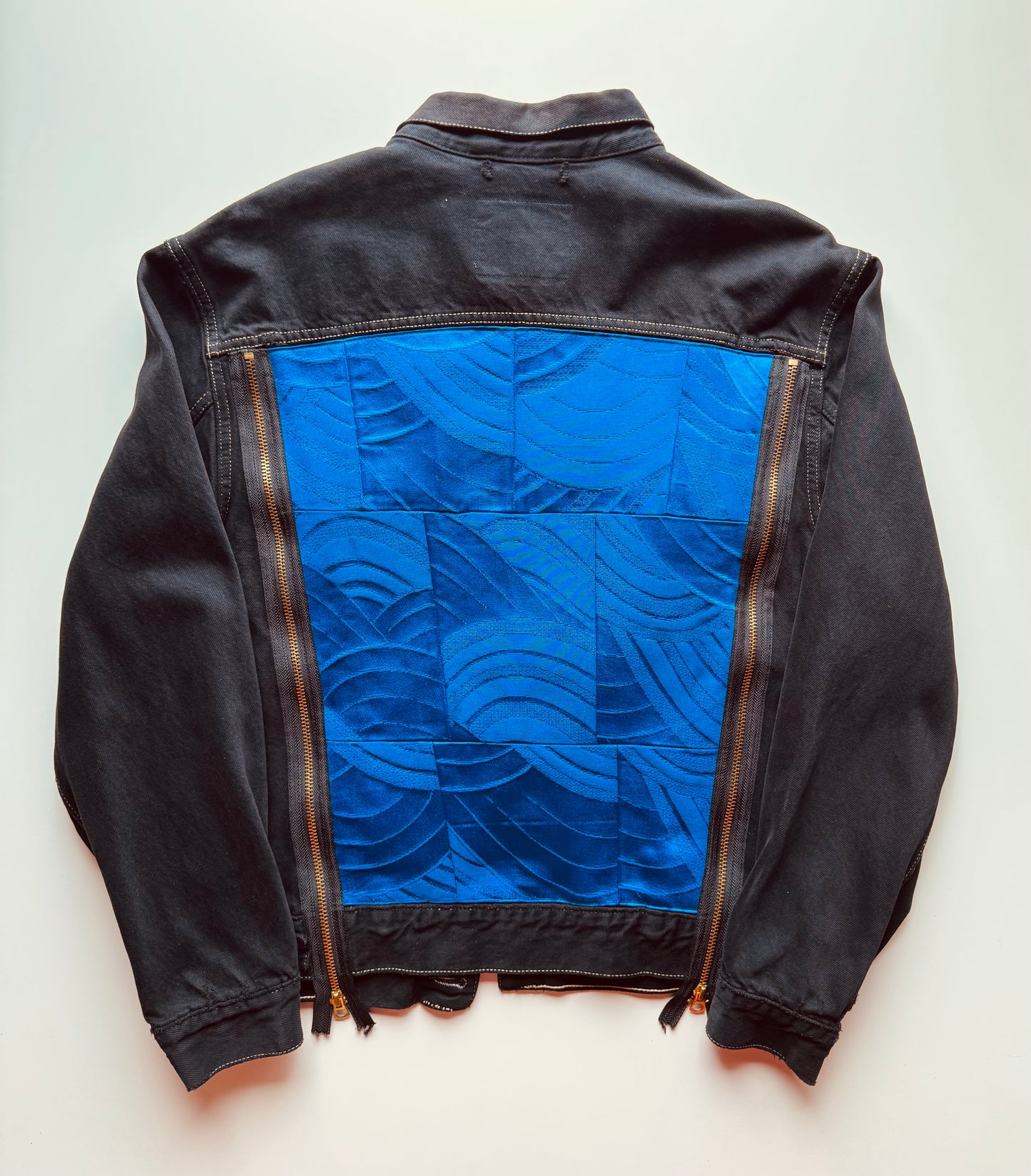 Vintage Levi's Black Denim Jacket with Indigo Seigaiha Silk Panel | Japanese Kimono Remake | One of a Kind Wearable Art | M-L