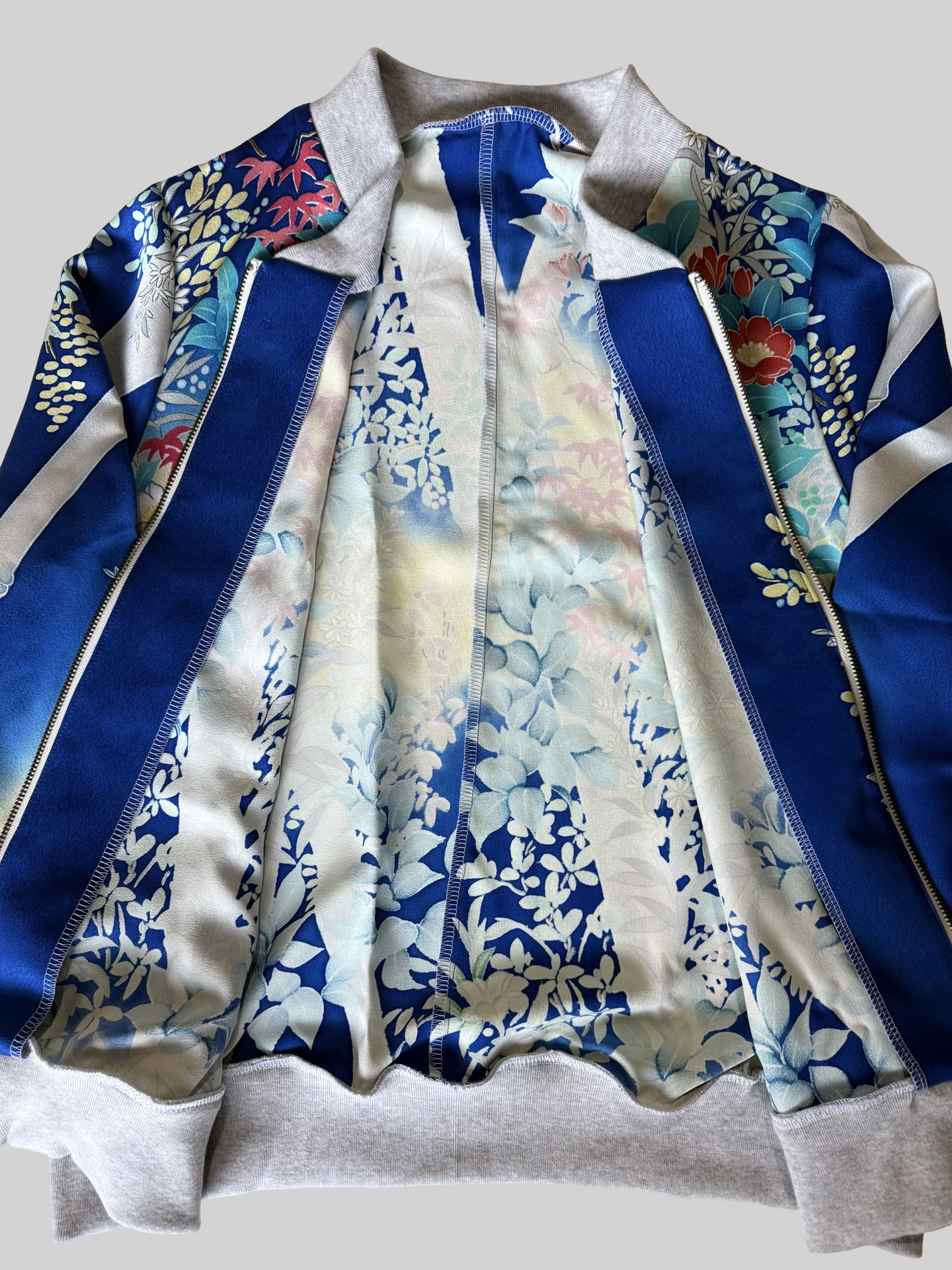 Vintage Kimono Remake Bomber Jacket Blue Floral Camellia Silk Upcycled Japanese Wearable Art Jacket Unisex Free Size S M