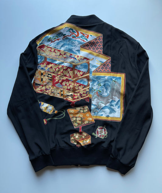 Vintage Japanese Kimono Remake Bomber Jacket | Black Wagara Floral Jacket | Handmade Upcycled Obi Textile | One-of-a-Kind Japanese Artwear
