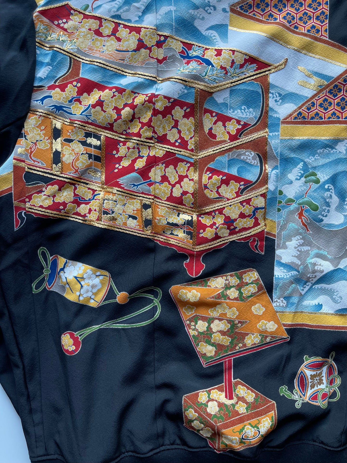 Vintage Japanese Kimono Remake Bomber Jacket | Black Wagara Floral Jacket | Handmade Upcycled Obi Textile | One-of-a-Kind Japanese Artwear