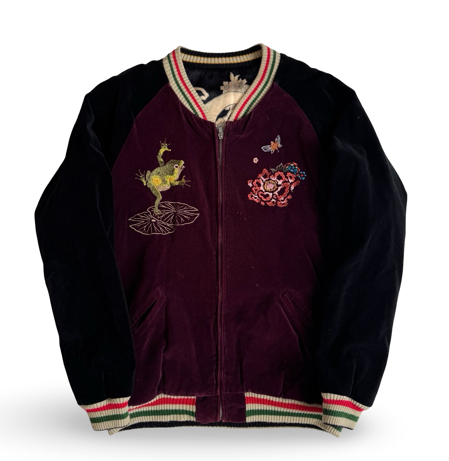 Chikiriya Reversible Velvet Ukiyo-e Sukajan — Wagara Frog & Lotus × Ukiyo-e Whale Wave Art | Kyoto Traditional Embroidery Jacket