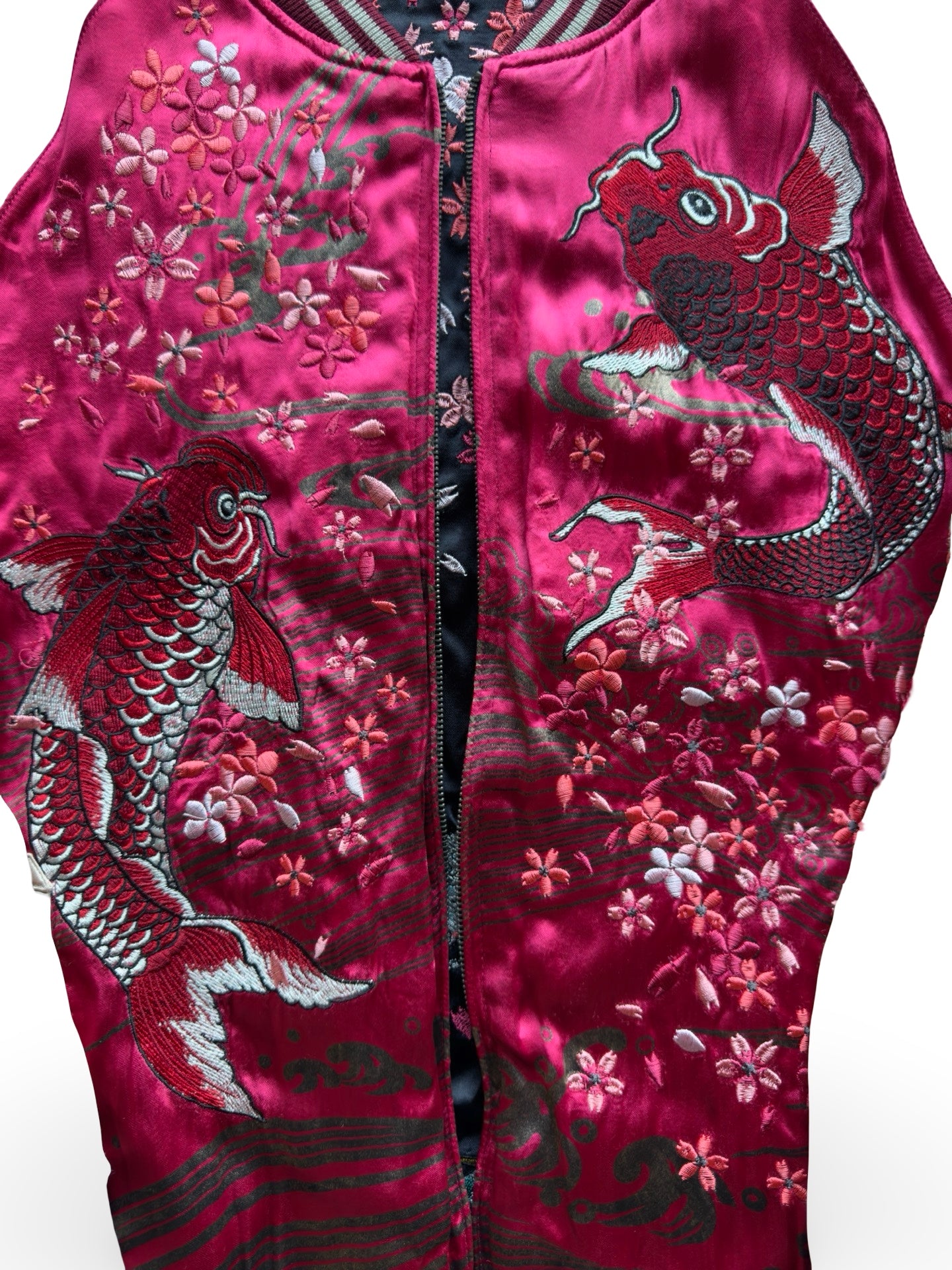 Miyabi Musubi Reversible Sukajan – Rising Koi & Hokusai Great Wave, Sakura Storm Embroidery, Japonisme Japanese Souvenir Jacket