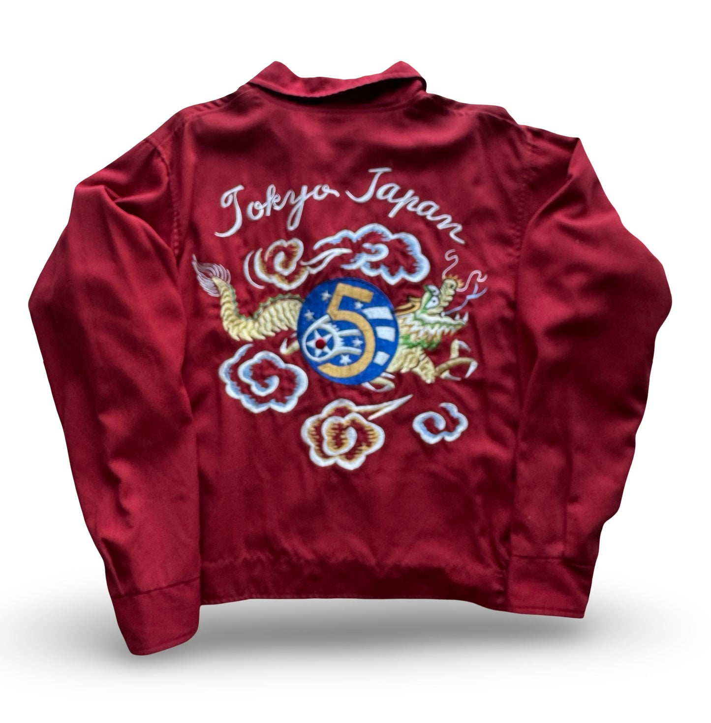 Vintage Tailor Toyo Dragon Souvenir Jacket — Tokyo Japan Embroidery • 5th Air Force Patch • Scarlet Red Sukajan (One-Side Only)