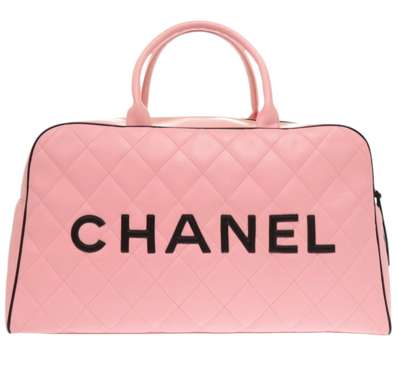 CHANEL Matelassé Pink Lambskin Boston Bag Large Logo 0475 – Rare Oversized Travel Bag Gold Hardware – Complete Set