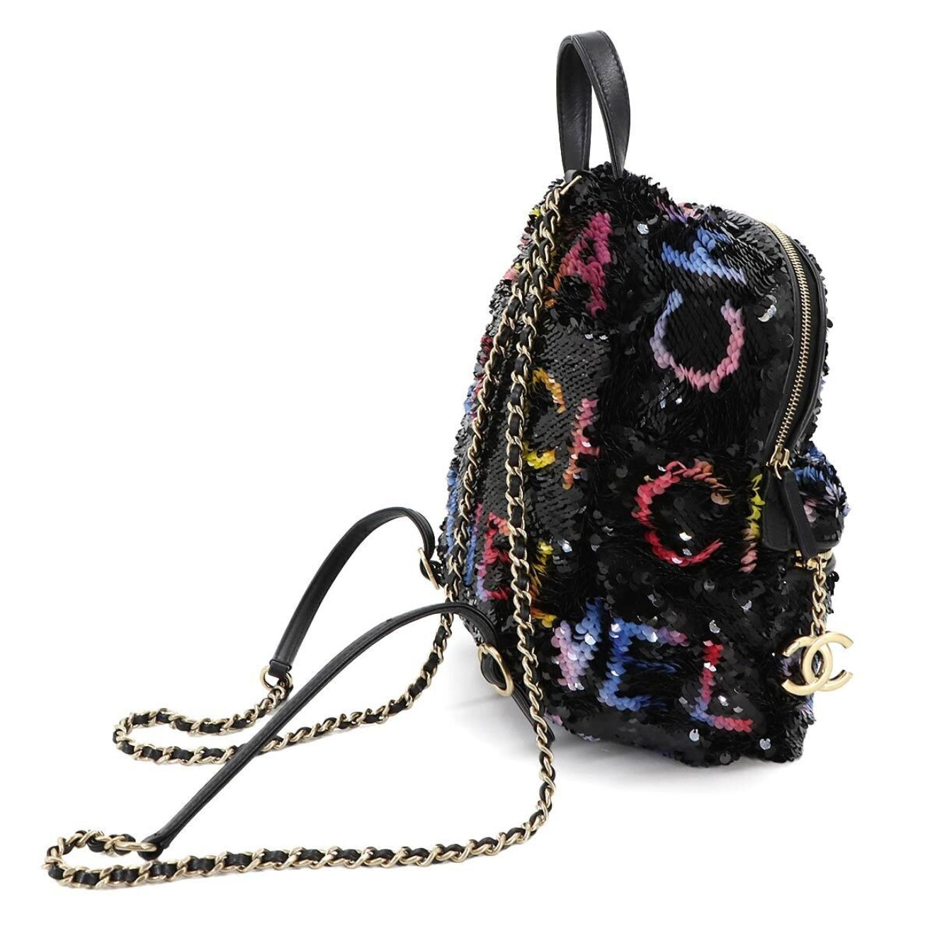 CHANEL Sequin Chain Backpack Black Multicolor Graffiti Logo Lambskin Gold Hardware C3— Exhibition Unused