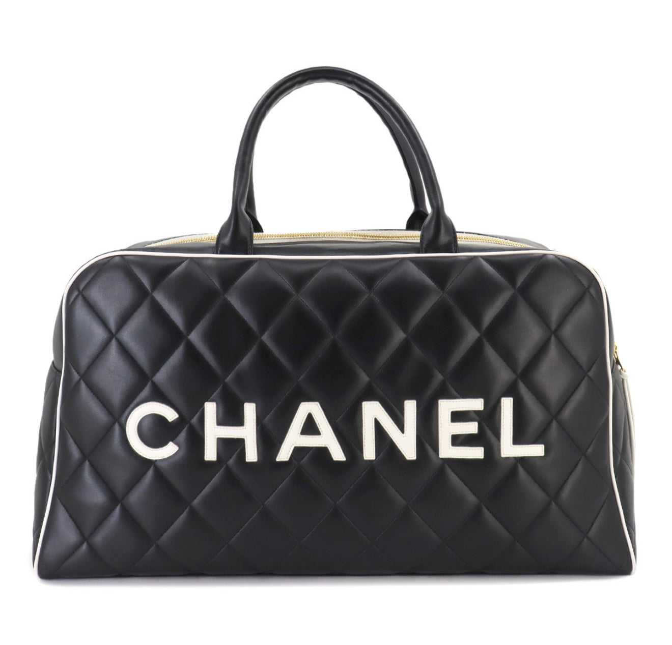 CHANEL Matelassé Logo Boston Bag A05943 Black × White – Vintage Gold Hardware – 1990s Large Quilted Travel Boston Tote – Authentic CHANEL Collector Bag