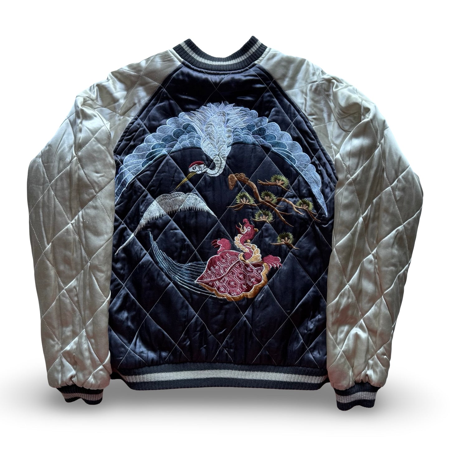 Vintage Reversible Sukajan Crane Turtle Butterfly Jacket, Japanese Satin Souvenir Bomber with Chrysanthemum Embroidery