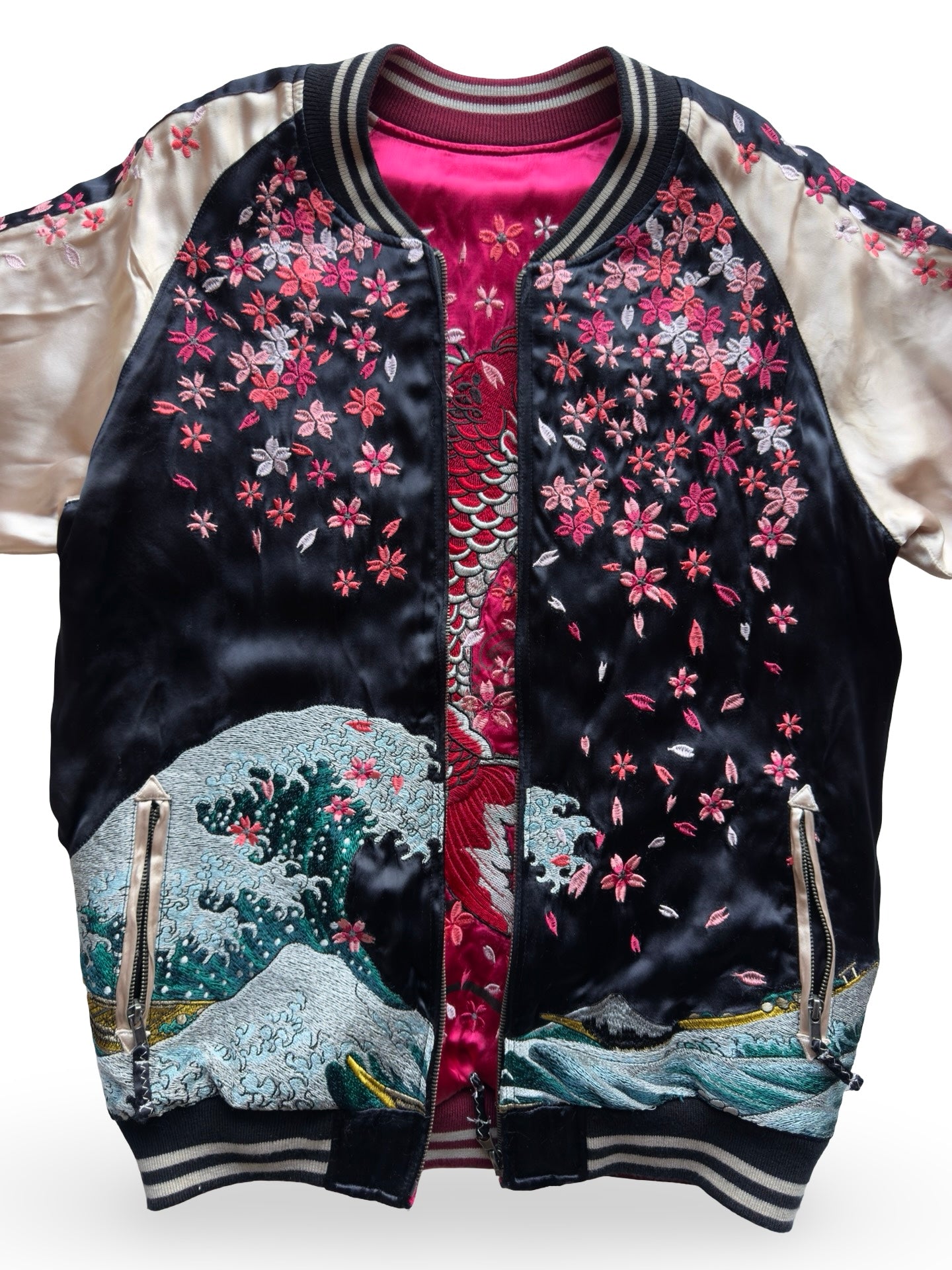 Miyabi Musubi Reversible Sukajan – Rising Koi & Hokusai Great Wave, Sakura Storm Embroidery, Japonisme Japanese Souvenir Jacket