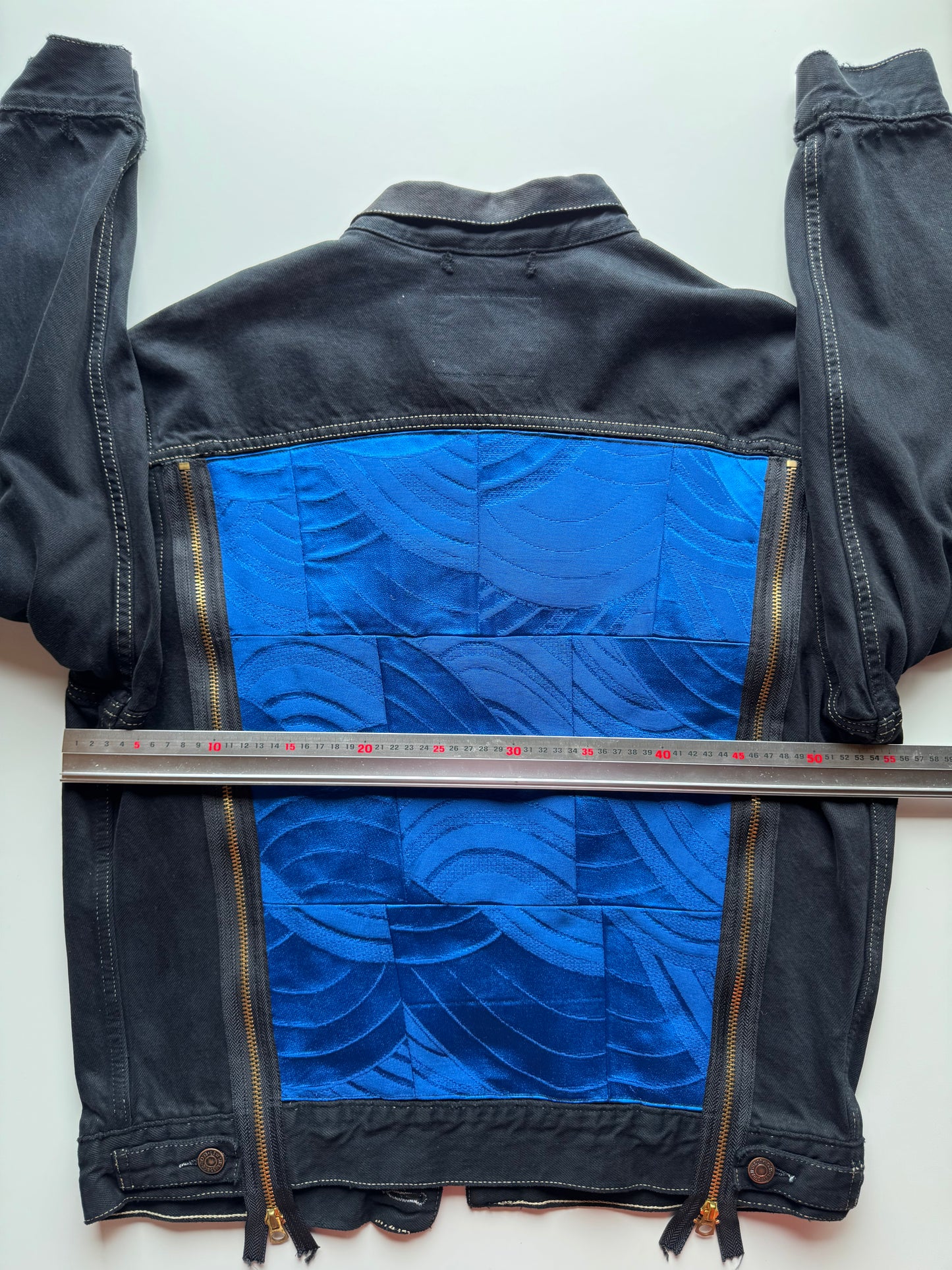 Vintage Levi's Black Denim Jacket with Indigo Seigaiha Silk Panel | Japanese Kimono Remake | One of a Kind Wearable Art | M-L