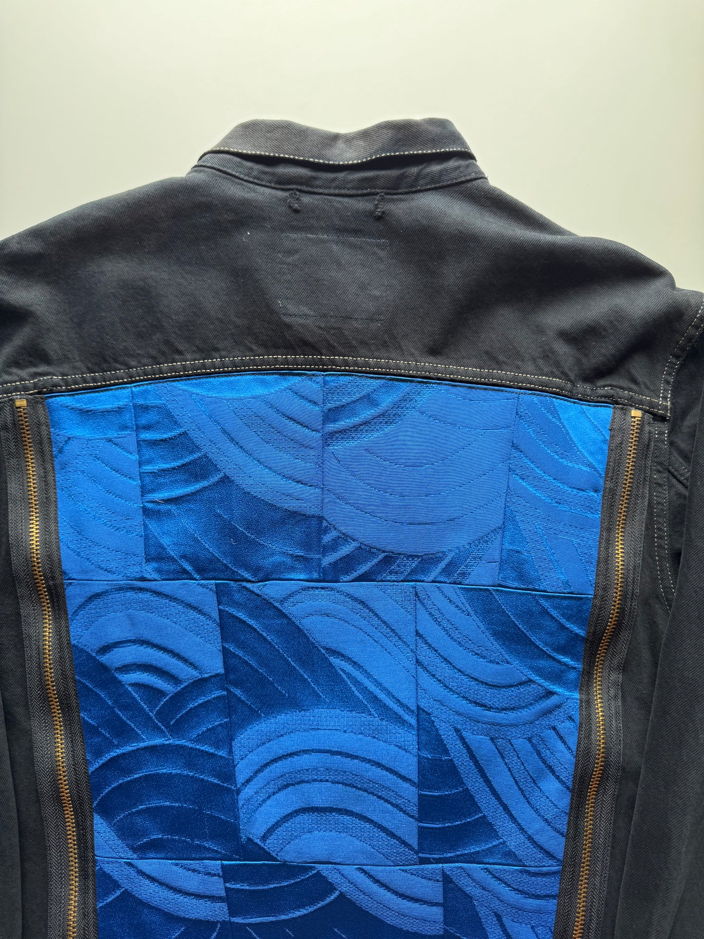 Vintage Levi's Black Denim Jacket with Indigo Seigaiha Silk Panel | Japanese Kimono Remake | One of a Kind Wearable Art | M-L