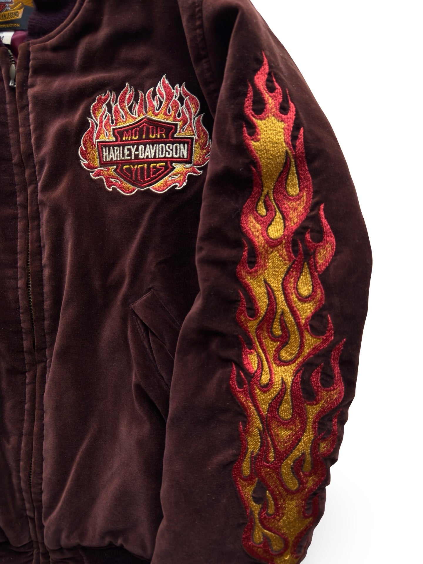 Vintage Harley-Davidson “Chrome Sweet Chrome” Flame-Velour Bomber Jacket (One Side Only)