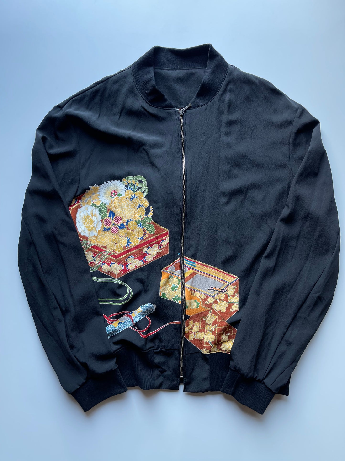 Vintage Japanese Kimono Remake Bomber Jacket | Black Wagara Floral Jacket | Handmade Upcycled Obi Textile | One-of-a-Kind Japanese Artwear
