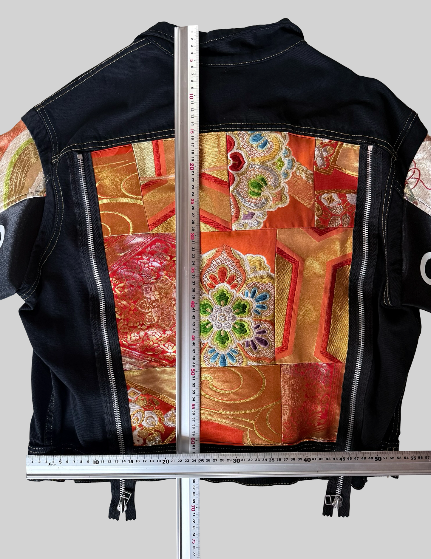 COTE MER Kimono Obi Remake Denim Jacket Silk Brocade Patchwork Japanese Upcycled Designer Jacket L XL