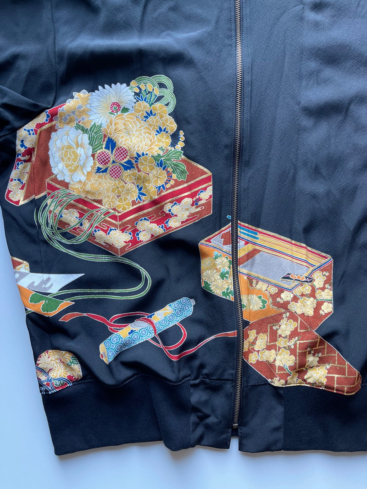 Vintage Japanese Kimono Remake Bomber Jacket | Black Wagara Floral Jacket | Handmade Upcycled Obi Textile | One-of-a-Kind Japanese Artwear