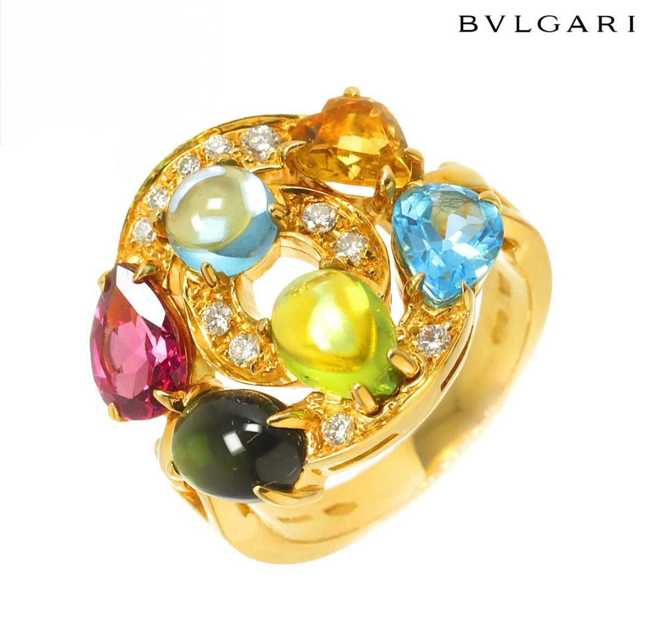 BVLGARI Astrale Shield Design Ring K18YG Multicolor Gemstones & Diamonds – Size JP10 (US5.25)