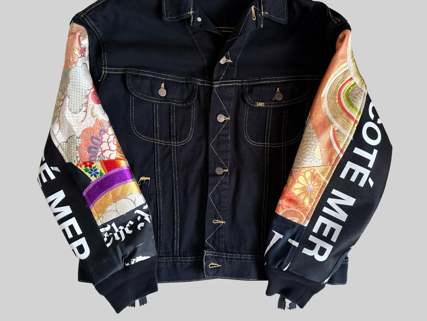 COTE MER Kimono Obi Remake Denim Jacket Silk Brocade Patchwork Japanese Upcycled Designer Jacket L XL