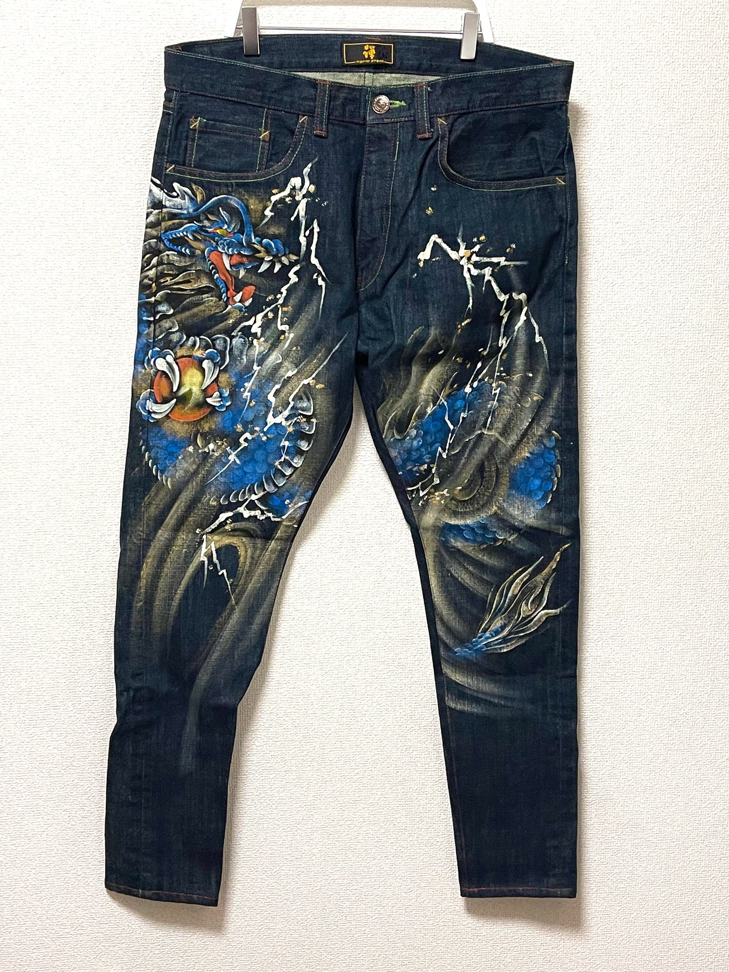 Vintage ZEN Premium Japanese Oni Shishi Hand Painted Art Denim Jeans | Made in Japan | Buddhist Guardian Yokai Streetwear