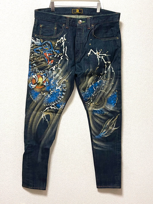 Vintage ZEN Premium Japanese Oni Shishi Hand Painted Art Denim Jeans | Made in Japan | Buddhist Guardian Yokai Streetwear