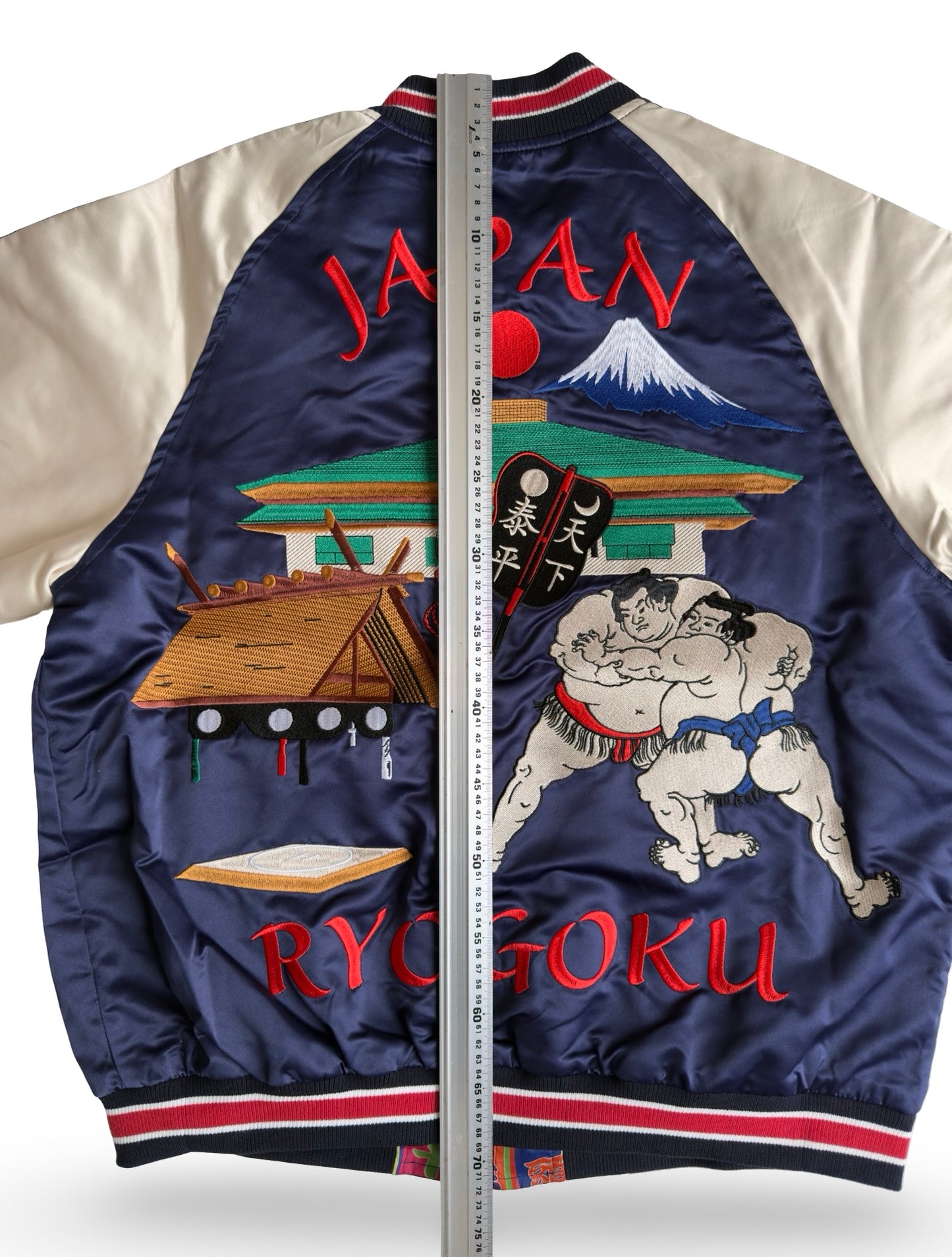 Dope Reversible Ryogoku Sumo Sukajan Jacket – Mt. Fuji Embroidery, Neon Banner Side, Premium Japanese Souvenir Art
