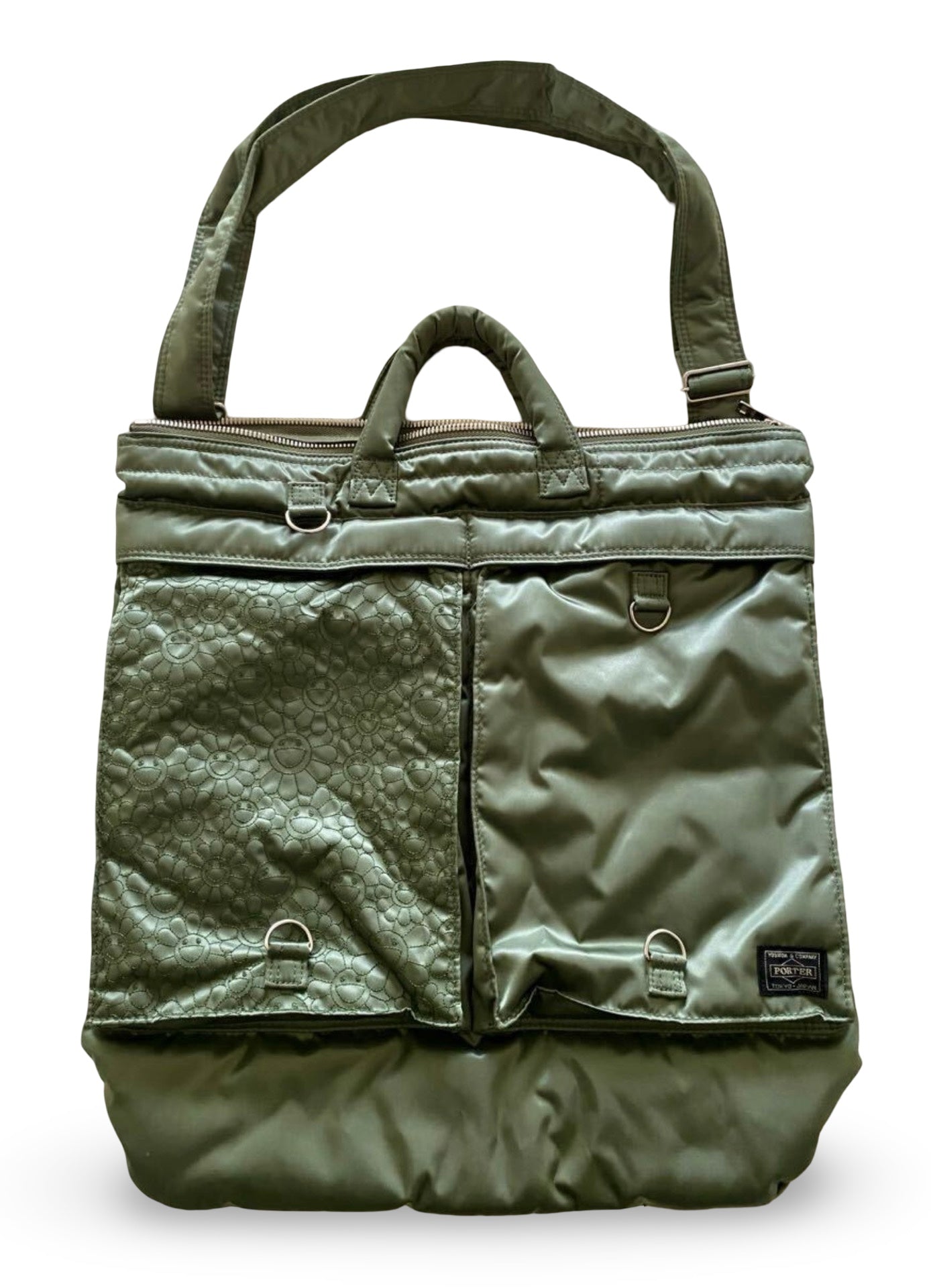 Porter × Takashi Murakami 2WAY Helmet Bag Khaki Double Flower Limited Yoshida Company TM Collaboration Shoulder Tote