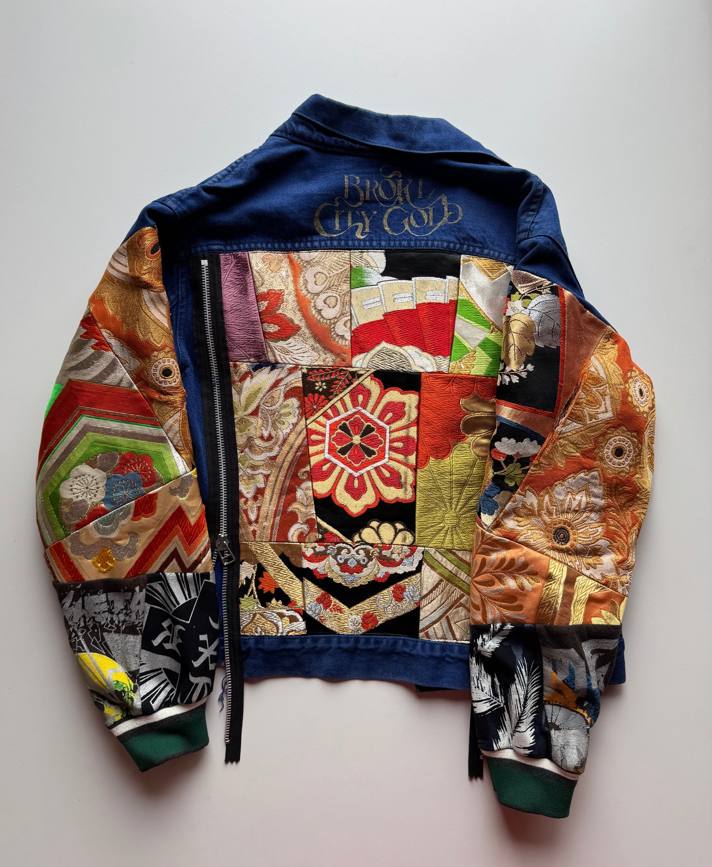 Broke City Gold COTÉ MER Kimono Obi Denim Jacket, One of One Japanese Patchwork Harajuku Streetwear Wagara Remake
