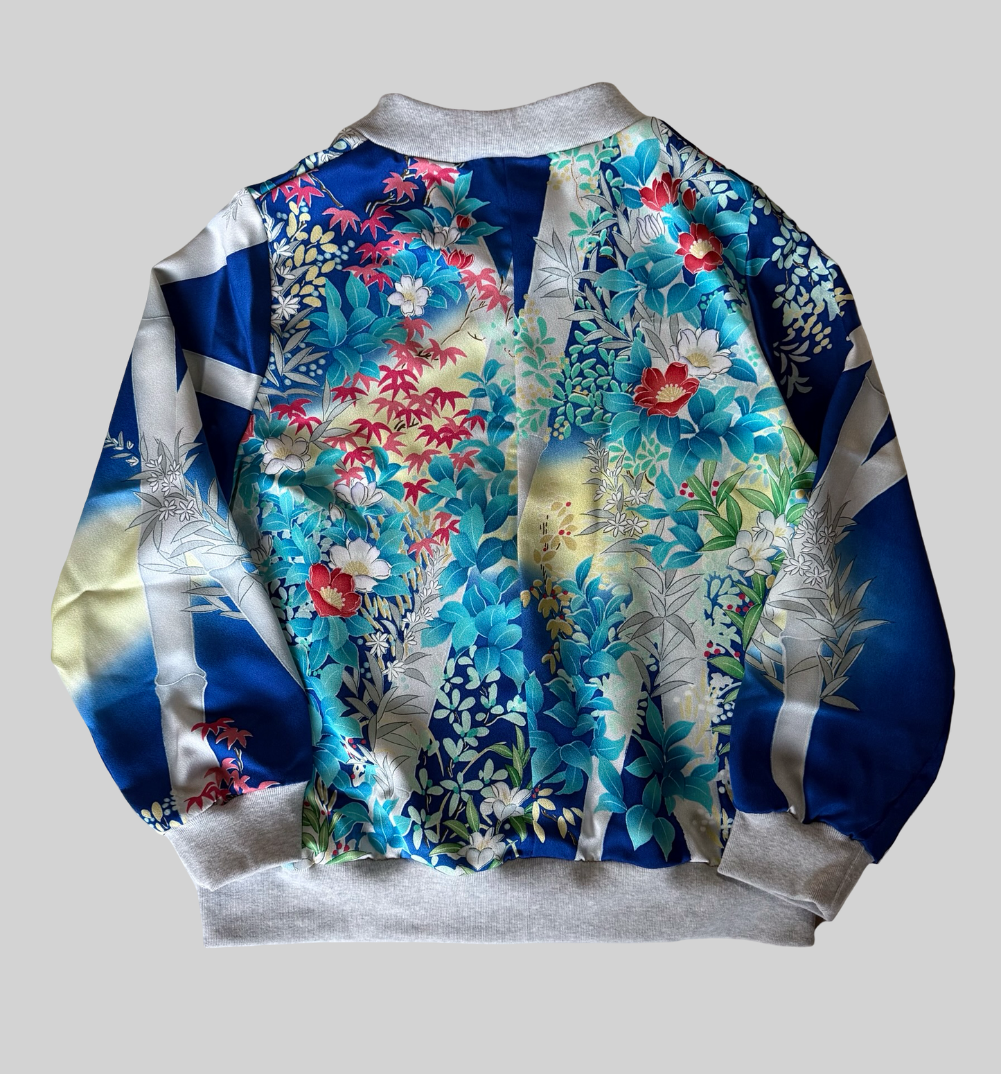 Vintage Kimono Remake Bomber Jacket Blue Floral Camellia Silk Upcycled Japanese Wearable Art Jacket Unisex Free Size S M