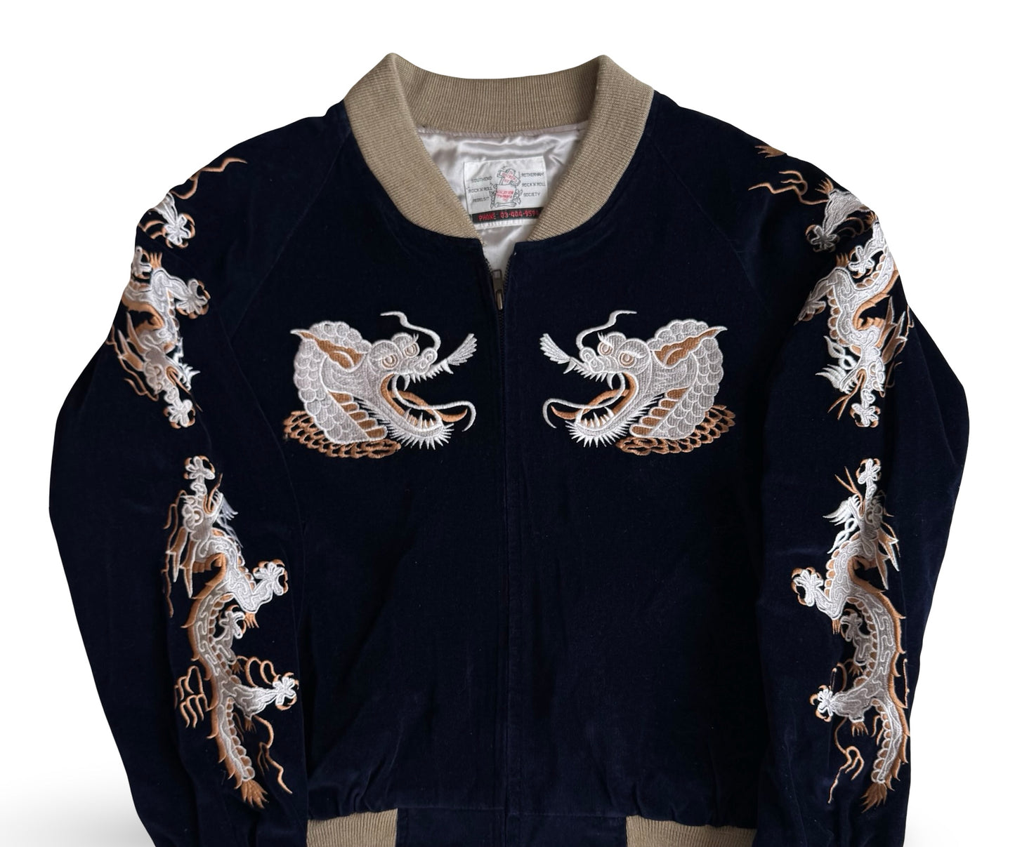 Vintage 1980s Vacation Paradise Dragon Sukajan Jacket Navy Velvet Tokyo Japan Souvenir Bomber