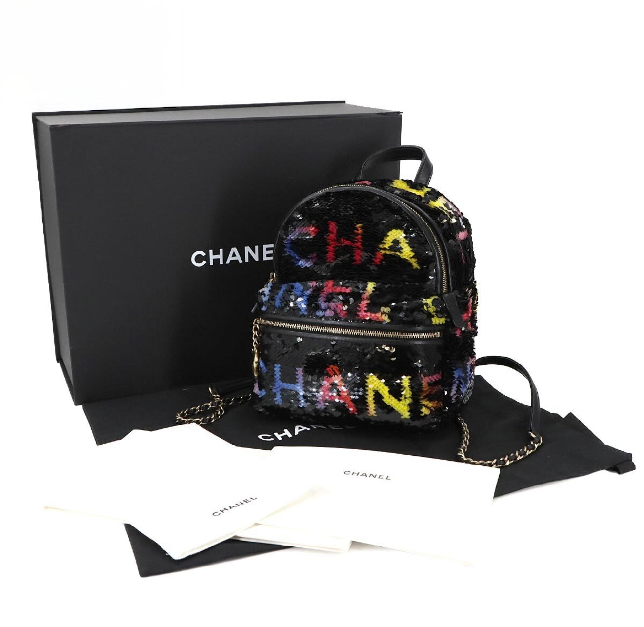 CHANEL Sequin Chain Backpack Black Multicolor Graffiti Logo Lambskin Gold Hardware C3— Exhibition Unused
