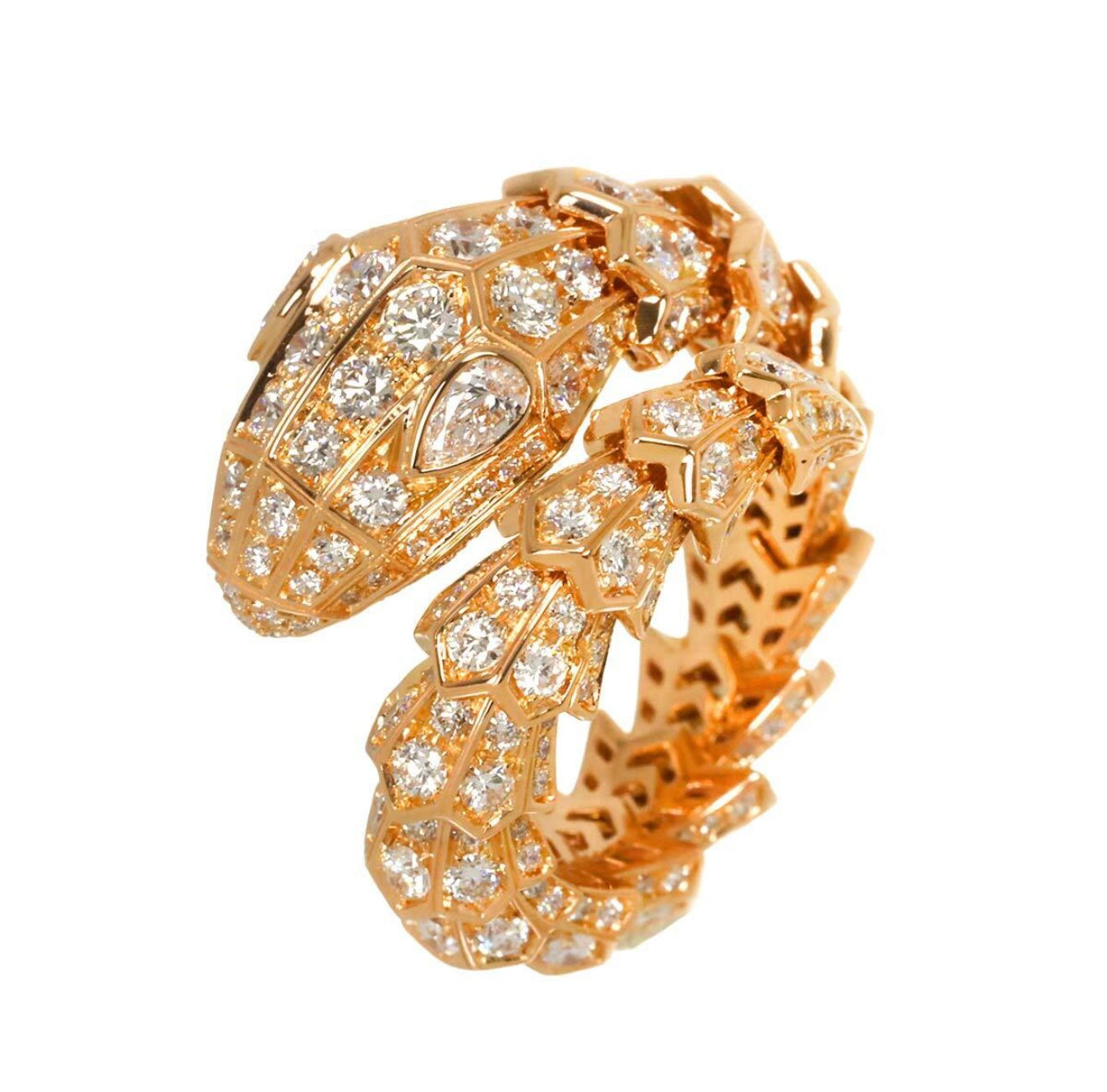 BVLGARI Serpenti Viper Ring K18 Pink Gold Full Diamond Pavé 4.12ct F–G VVS–VS Size ML with Certificates