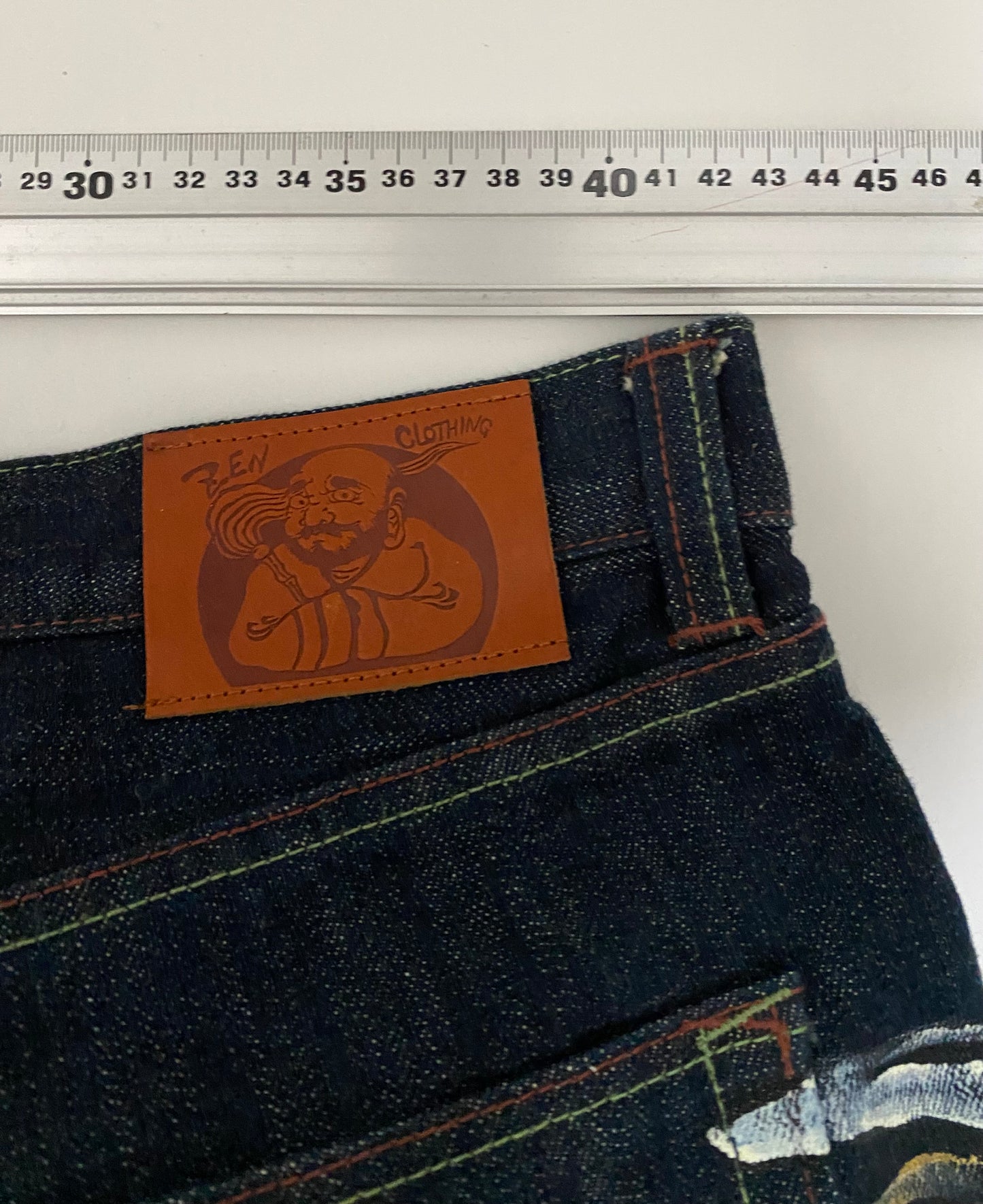 Vintage ZEN Premium Japanese Oni Shishi Hand Painted Art Denim Jeans | Made in Japan | Buddhist Guardian Yokai Streetwear