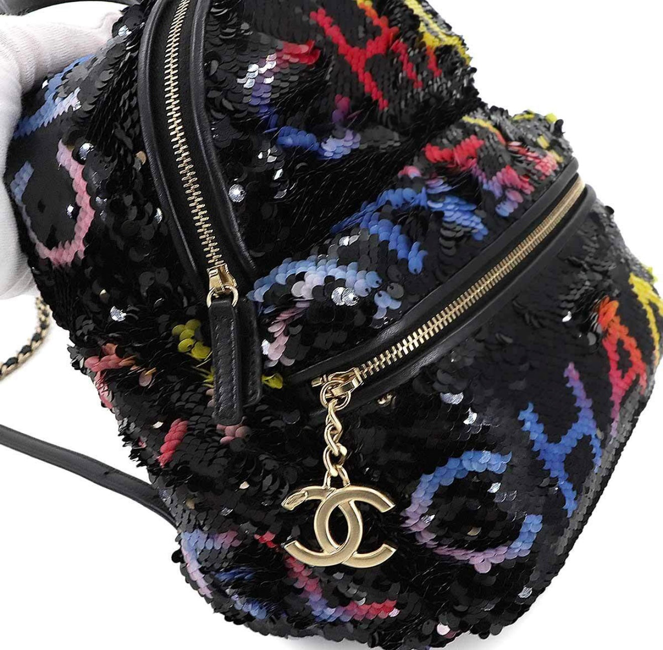 CHANEL Sequin Chain Backpack Black Multicolor Graffiti Logo Lambskin Gold Hardware C3— Exhibition Unused