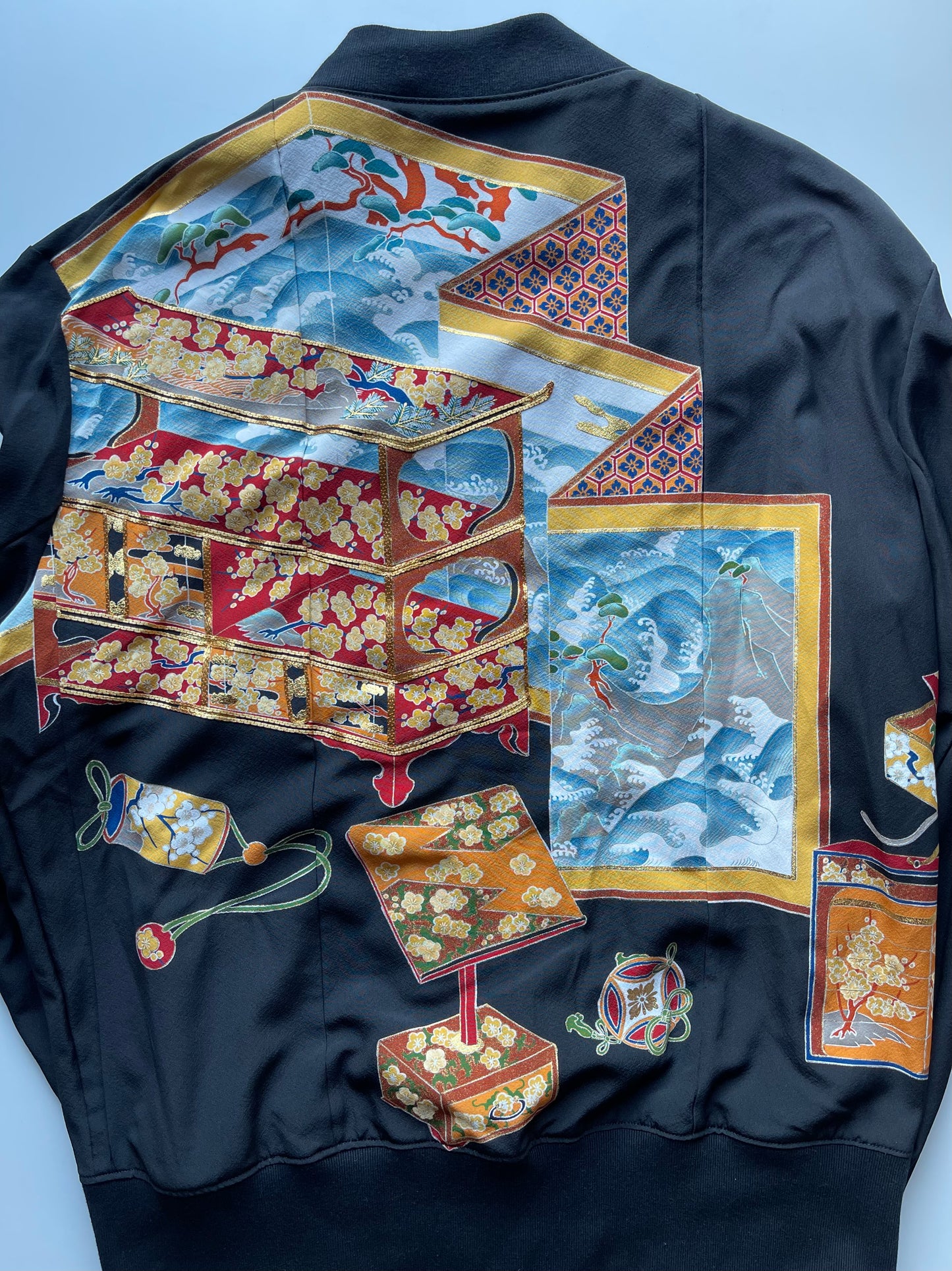 Vintage Japanese Kimono Remake Bomber Jacket | Black Wagara Floral Jacket | Handmade Upcycled Obi Textile | One-of-a-Kind Japanese Artwear