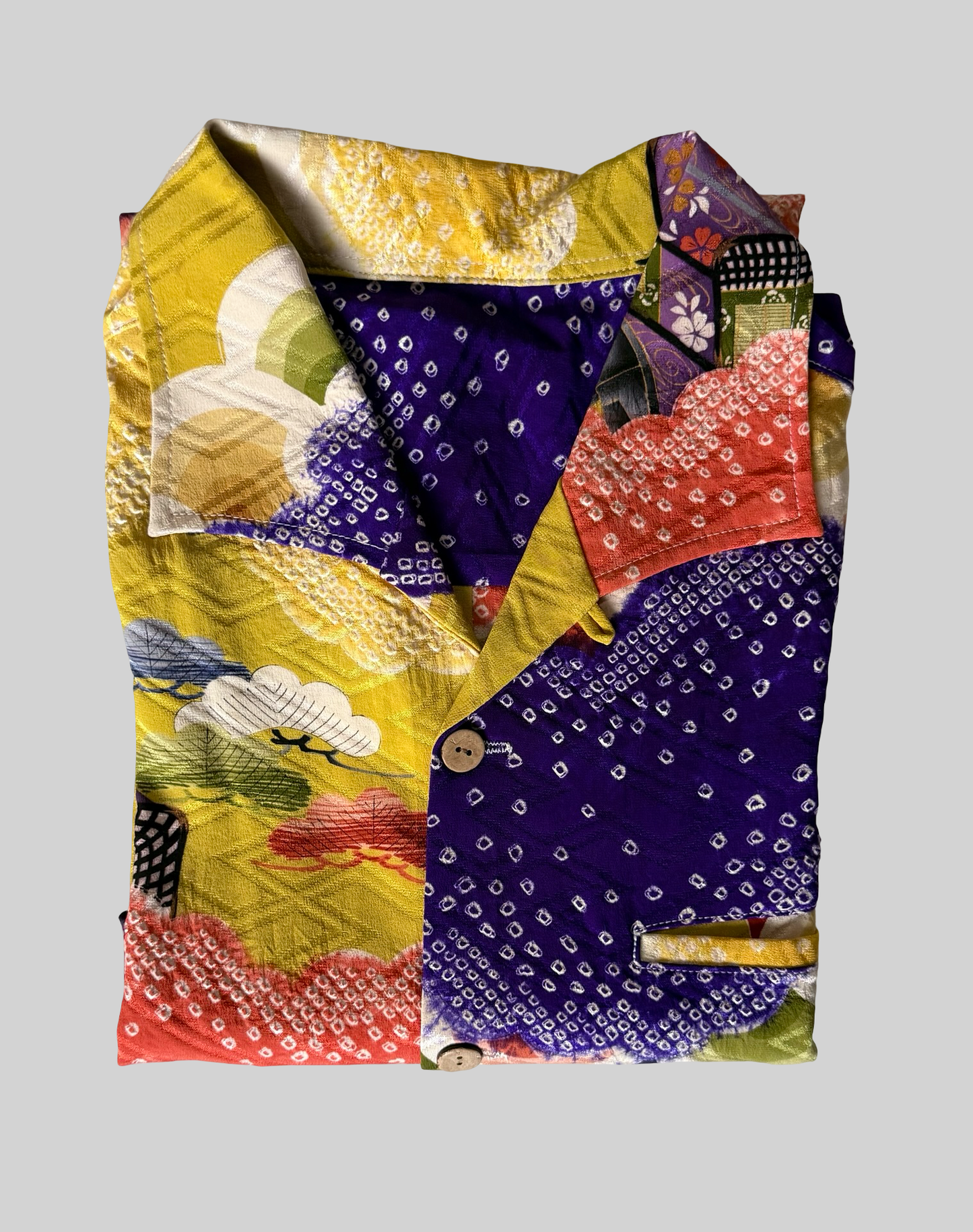 Kimono Remake Silk Aloha Shirt Gosho Guruma Imperial Carriage Shibori Cloud Pattern Handmade Japanese Vintage Textile L