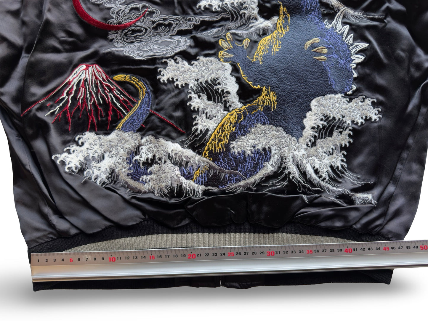 Vintage Japanese Sukajan Jacket – Godzilla × Mothra Embroidery • Kaiju Souvenir Jacket • Black & Gold Satin Bomber (One-Side Emblem)