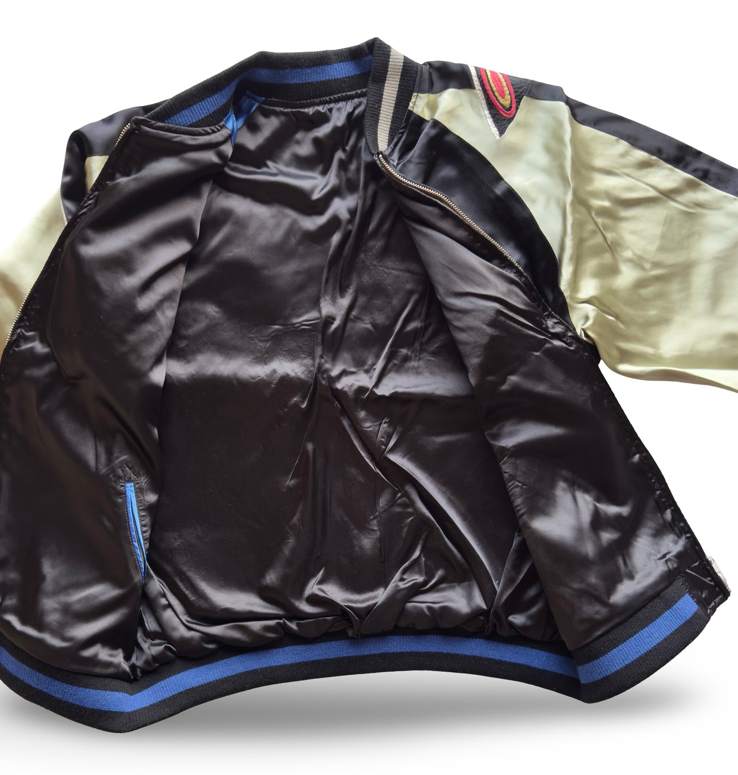 Vintage Japanese Sukajan Jacket – Godzilla × Mothra Embroidery • Kaiju Souvenir Jacket • Black & Gold Satin Bomber (One-Side Emblem)