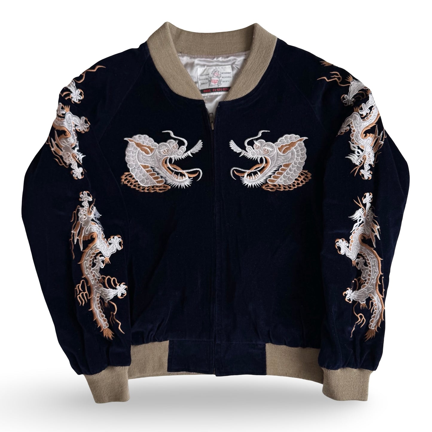Vintage 1980s Vacation Paradise Dragon Sukajan Jacket Navy Velvet Tokyo Japan Souvenir Bomber