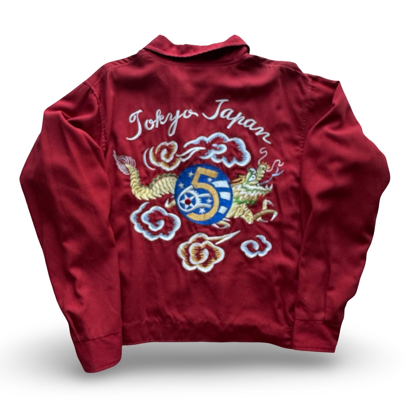 Vintage Tailor Toyo Dragon Souvenir Jacket — Tokyo Japan Embroidery • 5th Air Force Patch • Scarlet Red Sukajan (One-Side Only)