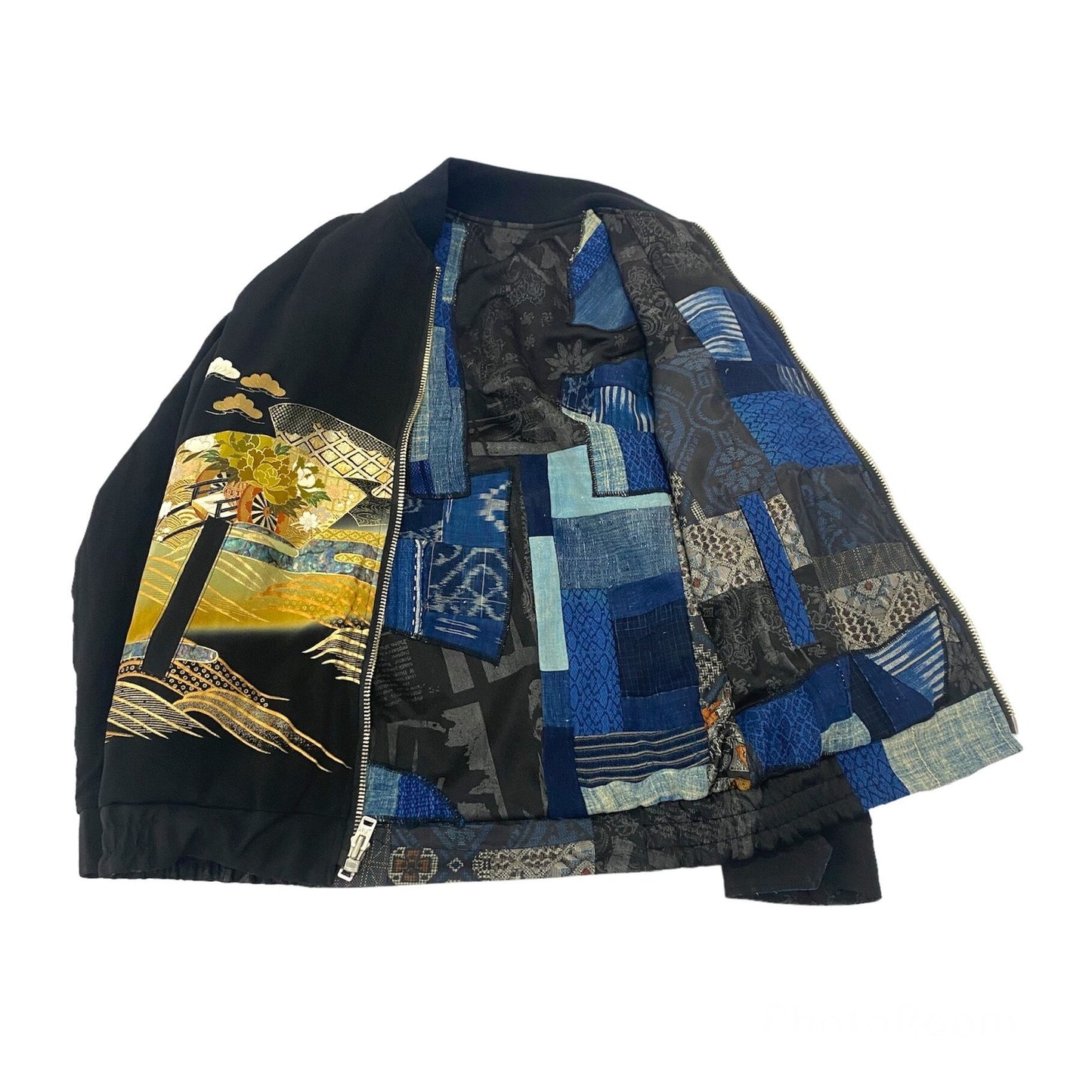 Bespoke Hypebeast Japanese Vintage Handmade Custom One and Only One Cote Mer Upcycle Street Fashion Embroidered Embroidery Kimono Obi Boro Souvenir Sukajan Bomber Riders Blouson Jacket ( Size : XL )