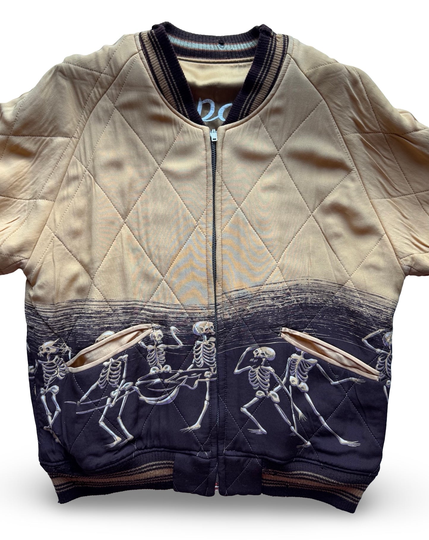 Vintage Pherrow’s Reversible Sukajan Dragon Warrior Skeleton Dance Japan Souvenir Jacket, Gold Brown Embroidered Bomber