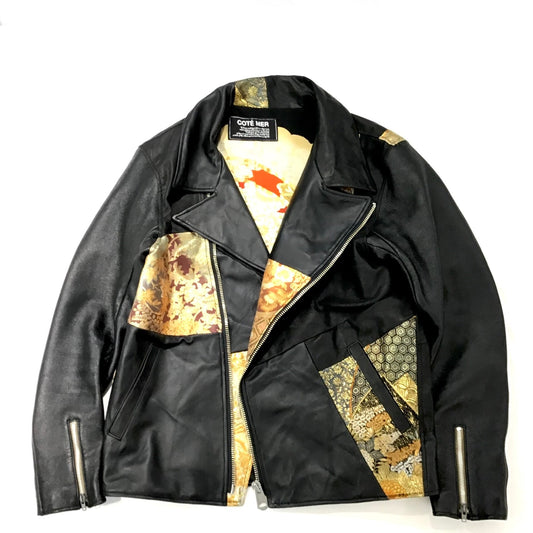 Remake Bespoke Hypebeast Japanese Vintage Handmade Upcycle Custom One and Only One Cote Mer Street Fashion Embroidered Embroidery Kimono Obi Boro Patchwork x Leather Biker Riders Blouson Jacket ( Size : XL )