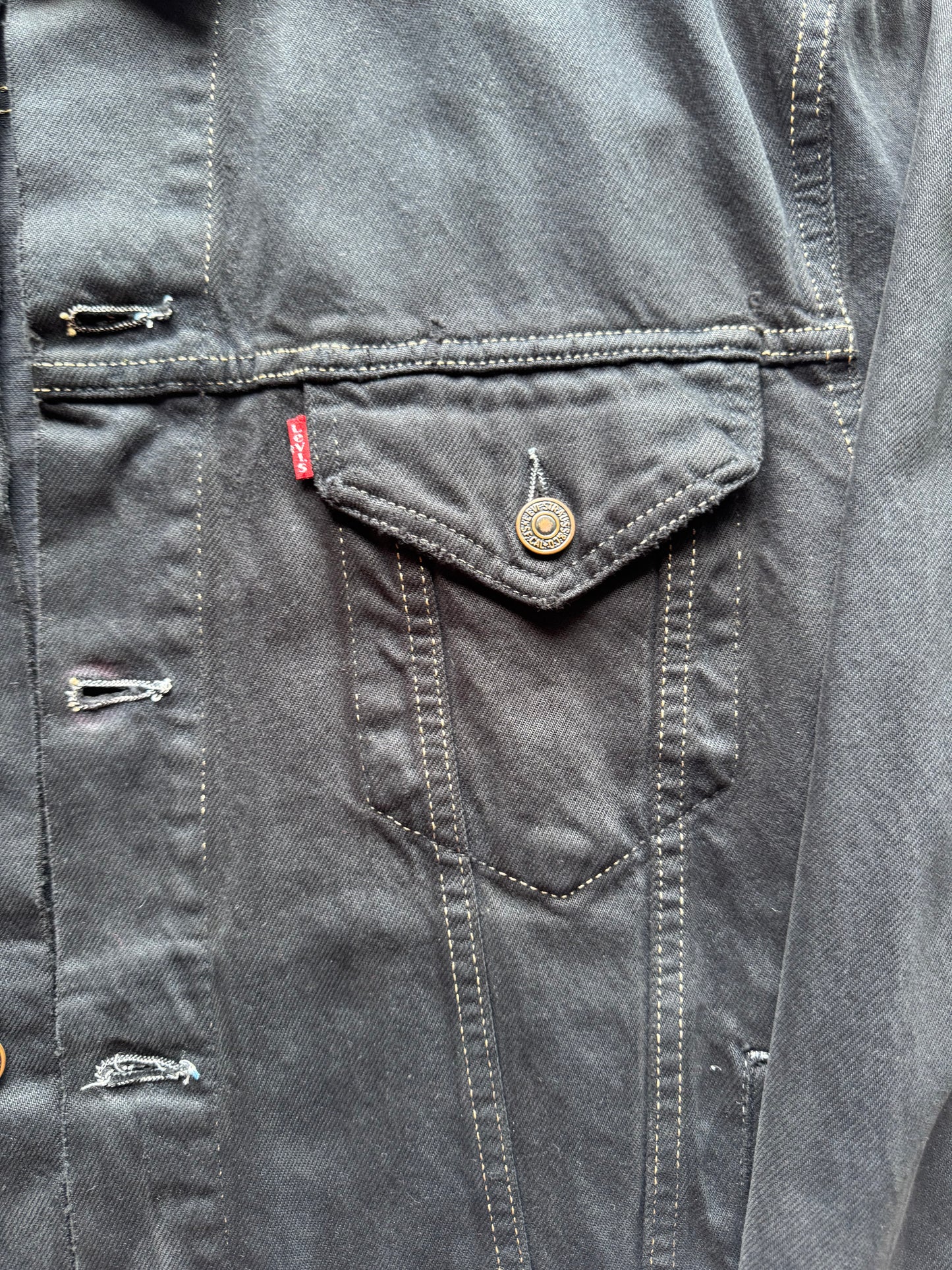 Vintage Levi's Black Denim Jacket with Indigo Seigaiha Silk Panel | Japanese Kimono Remake | One of a Kind Wearable Art | M-L
