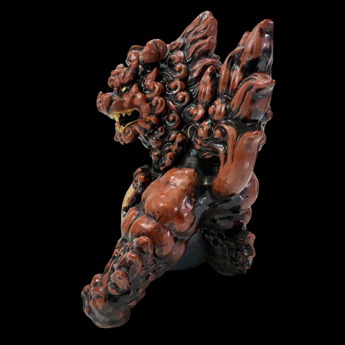 Large Kutani Ware Koma Inu Shishi Lion Guardian with Polychrome Brocade Ball — Showa Period Interior Sculpture